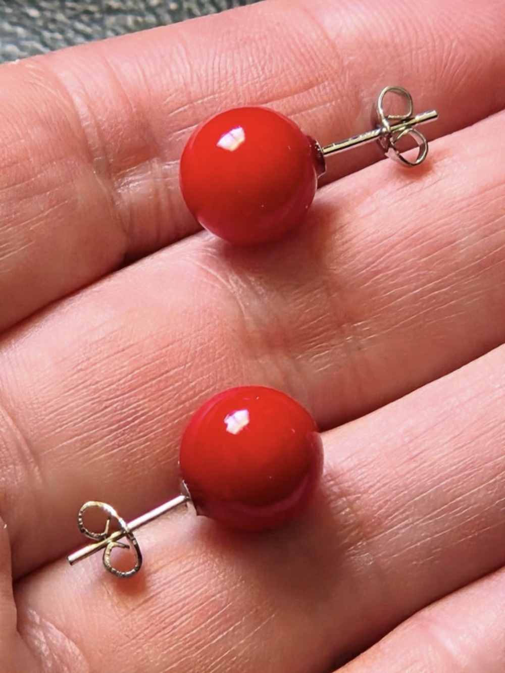 Vintage Italian Red Coral Earrings Glazed Finish Silver 925° Posts 0,41  0,42 in